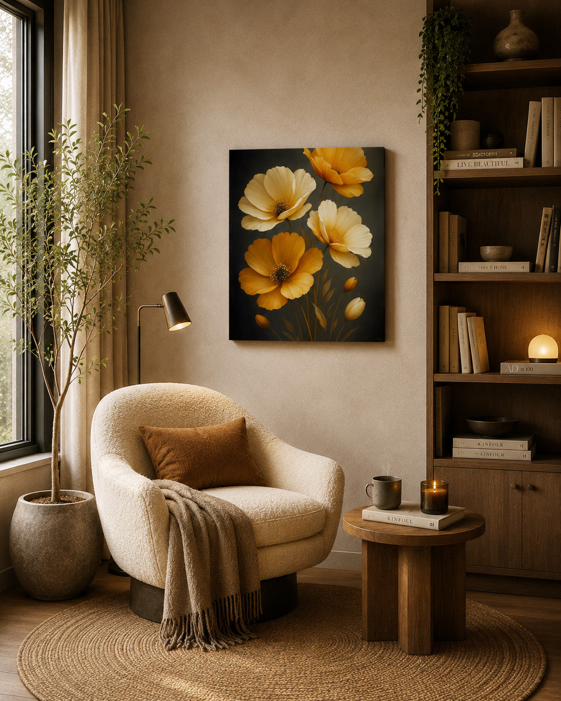 Golden floral canvas wall art styled in a cozy modern reading corner