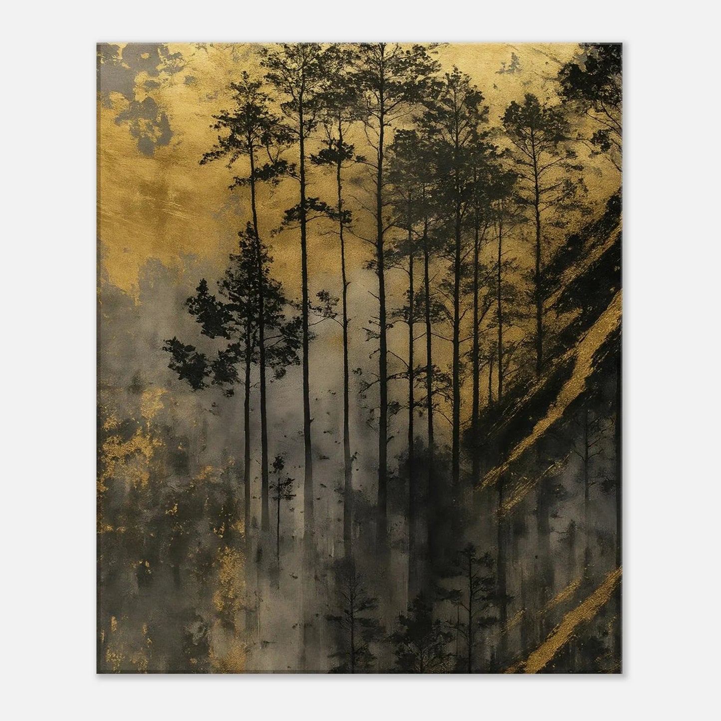 Golden Forest canvas artwork with fog softening the lower woodland into deep shadow