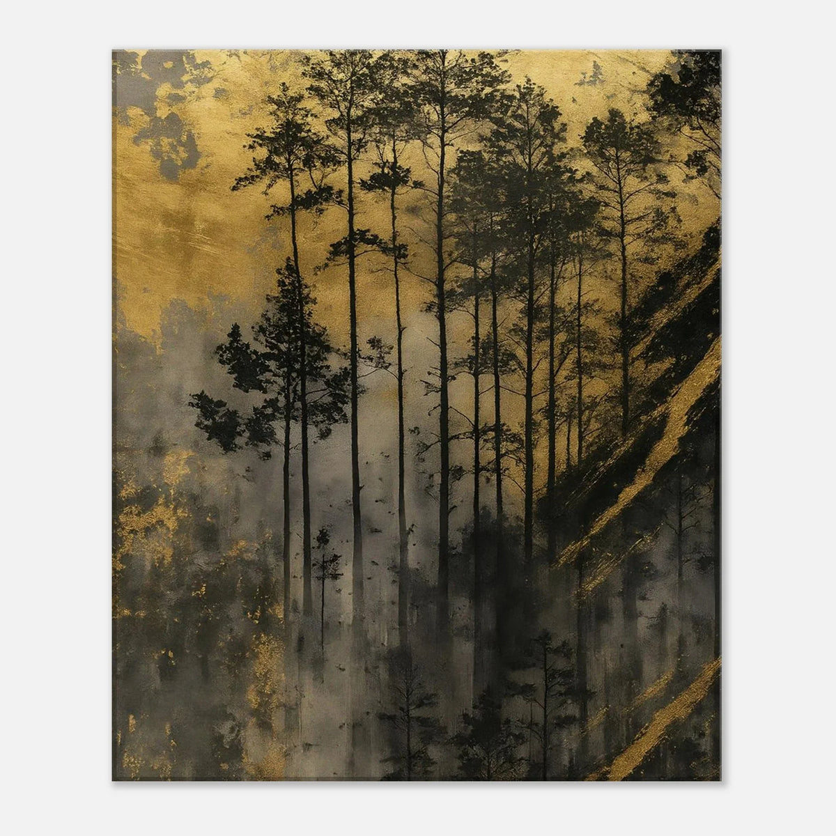 Golden Forest canvas artwork with fog softening the lower woodland into deep shadow