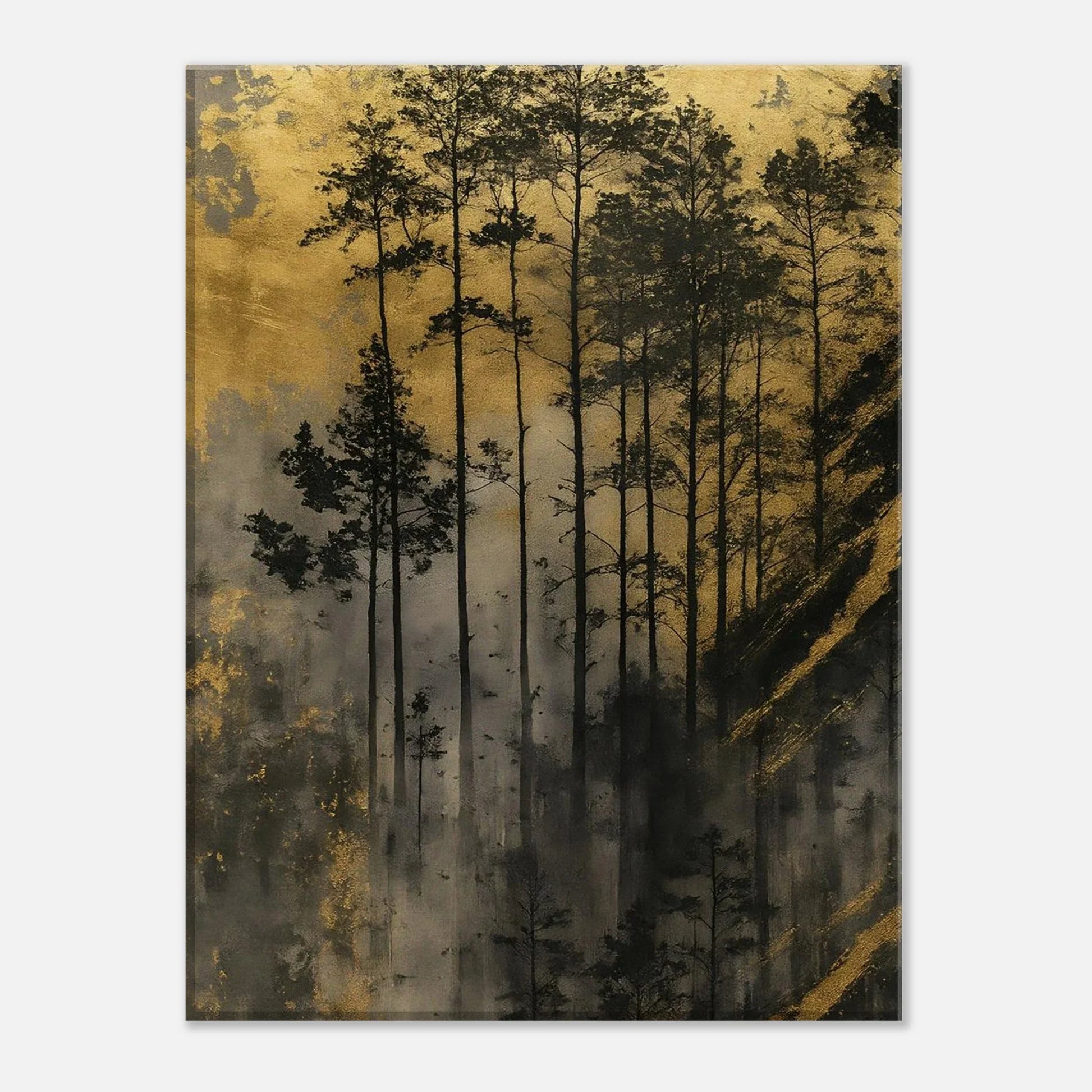 Golden Forest canvas in gold, charcoal and deep earthy tones with diagonal streaks of light