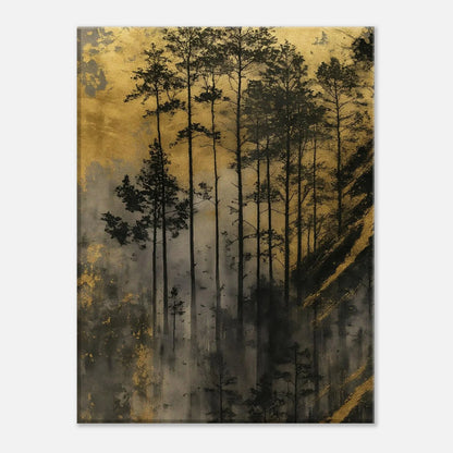 Golden Forest canvas in gold, charcoal and deep earthy tones with diagonal streaks of light