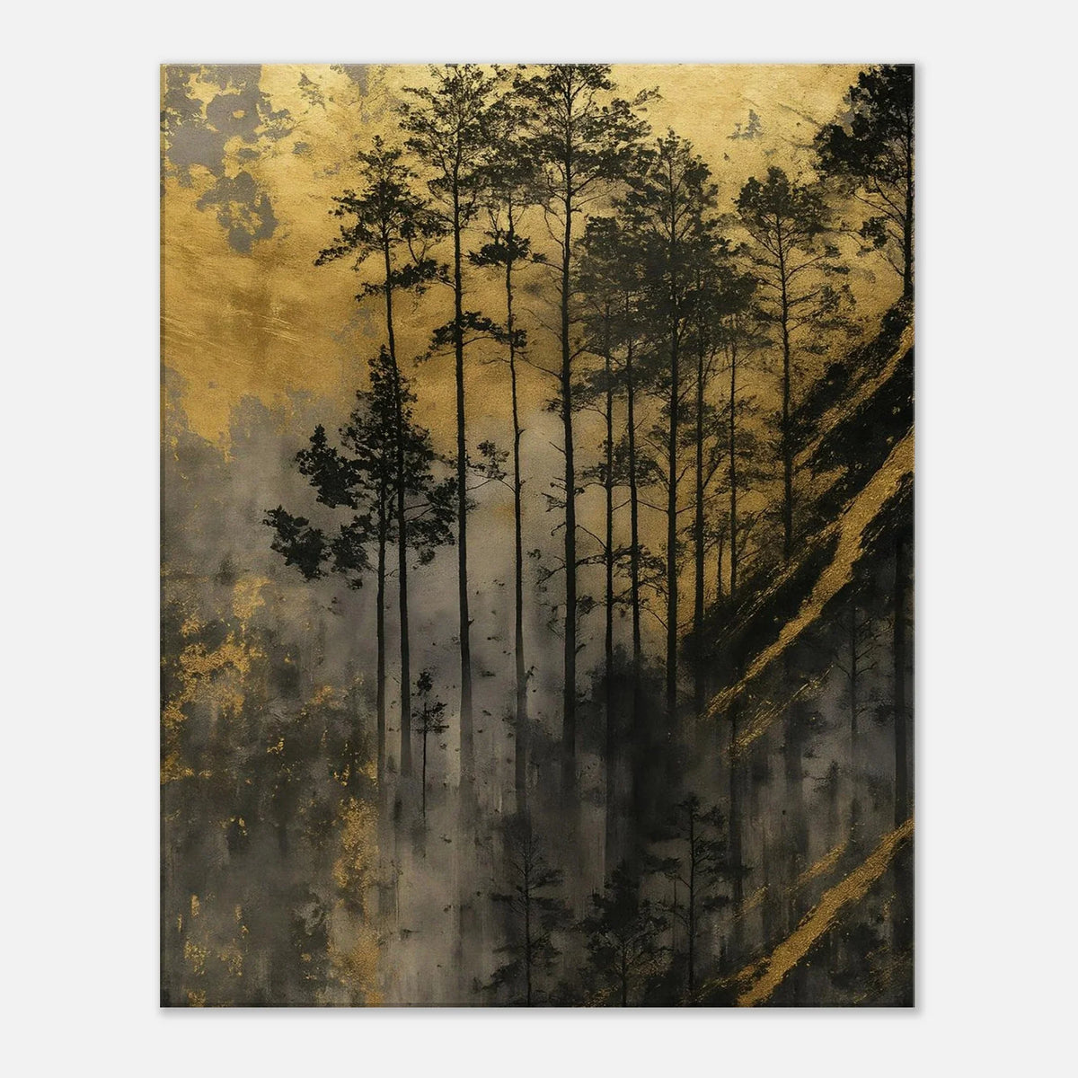 Golden Forest elegant canvas wall art with tall pine silhouettes against warm gold light and grey mist