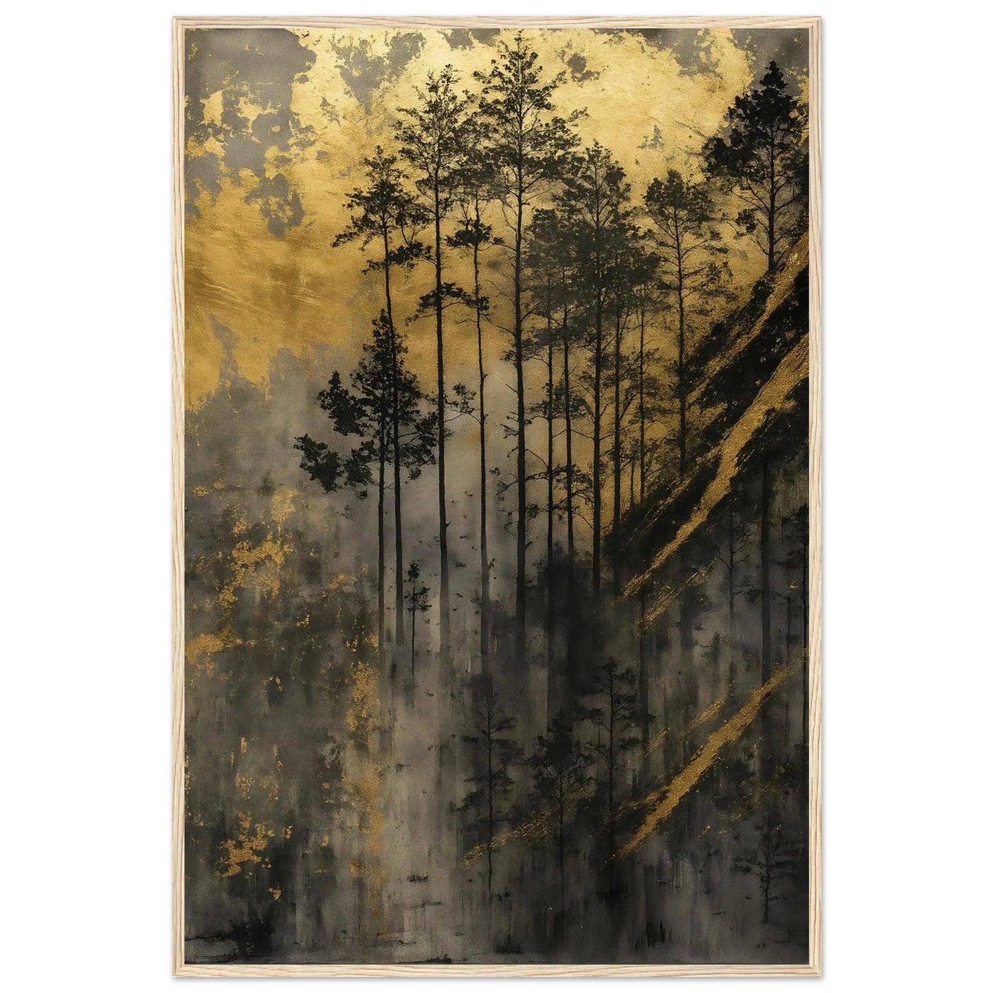 Golden Forest framed print with fog softening the lower woodland into deep shadow