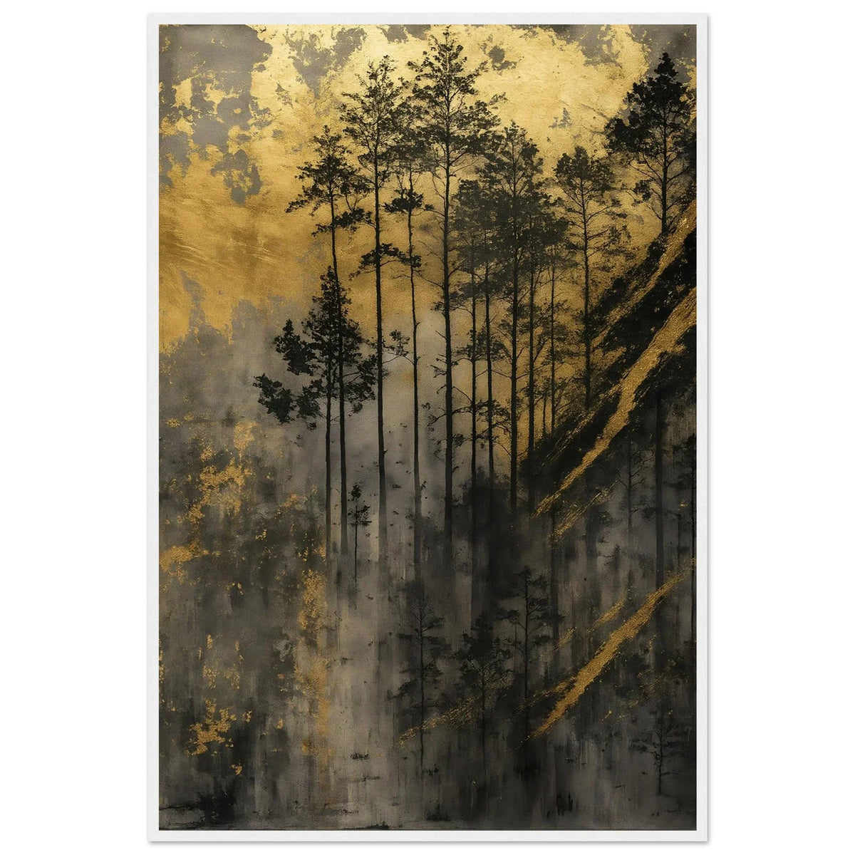 Golden Forest framed print in gold, charcoal and deep earthy tones with diagonal streaks of light