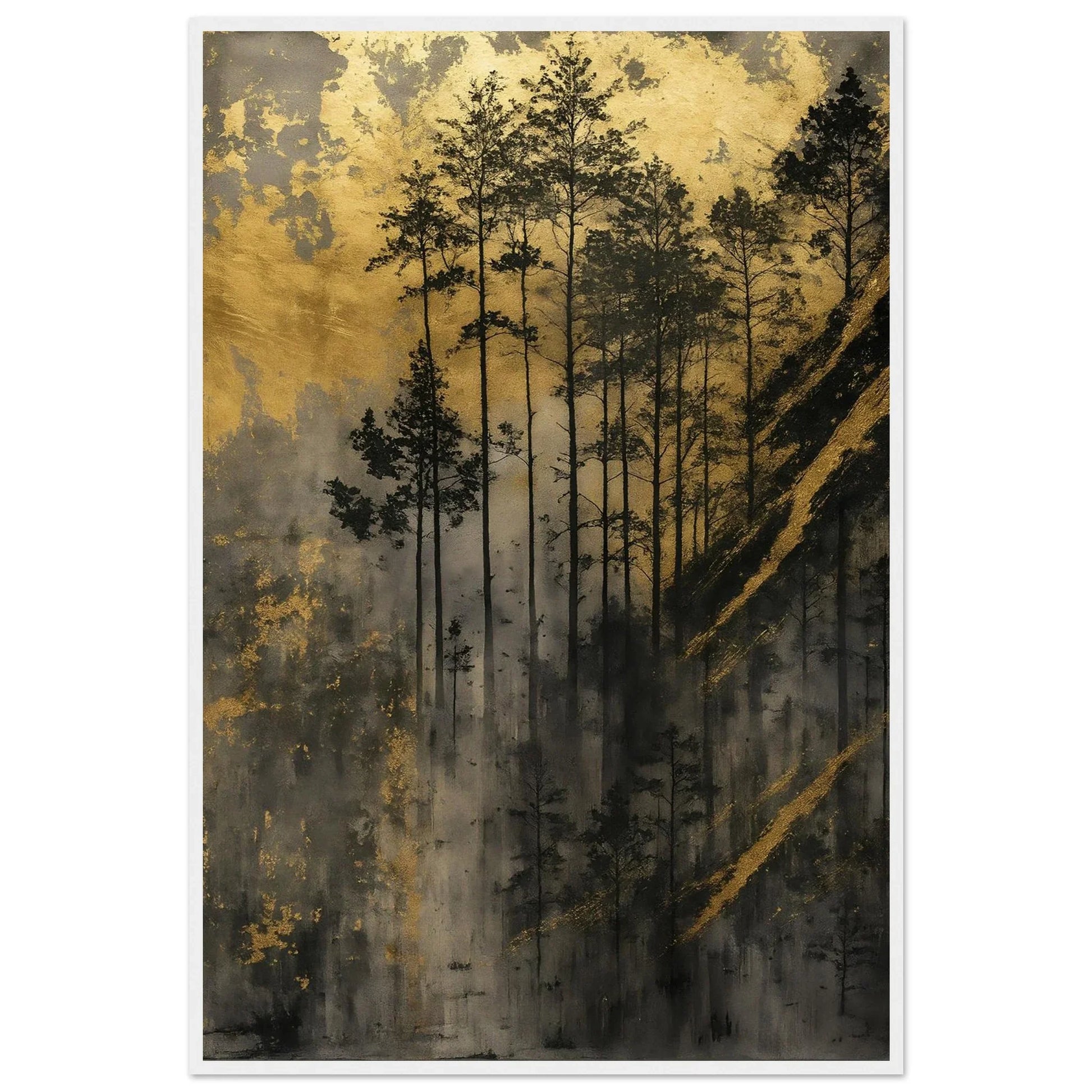 Golden Forest framed print in gold, charcoal and deep earthy tones with diagonal streaks of light