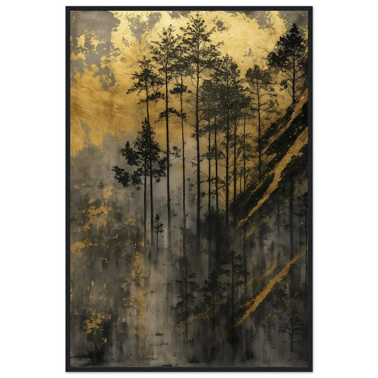 Golden Forest nature framed wall art in a black frame, tall pine silhouettes against warm gold light