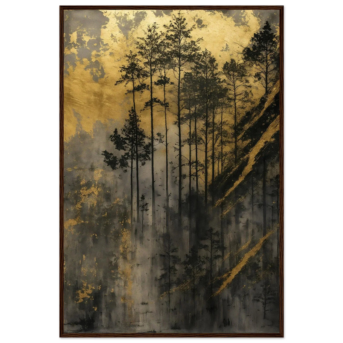 Golden Forest framed print showing slender trunks rising through the golden haze