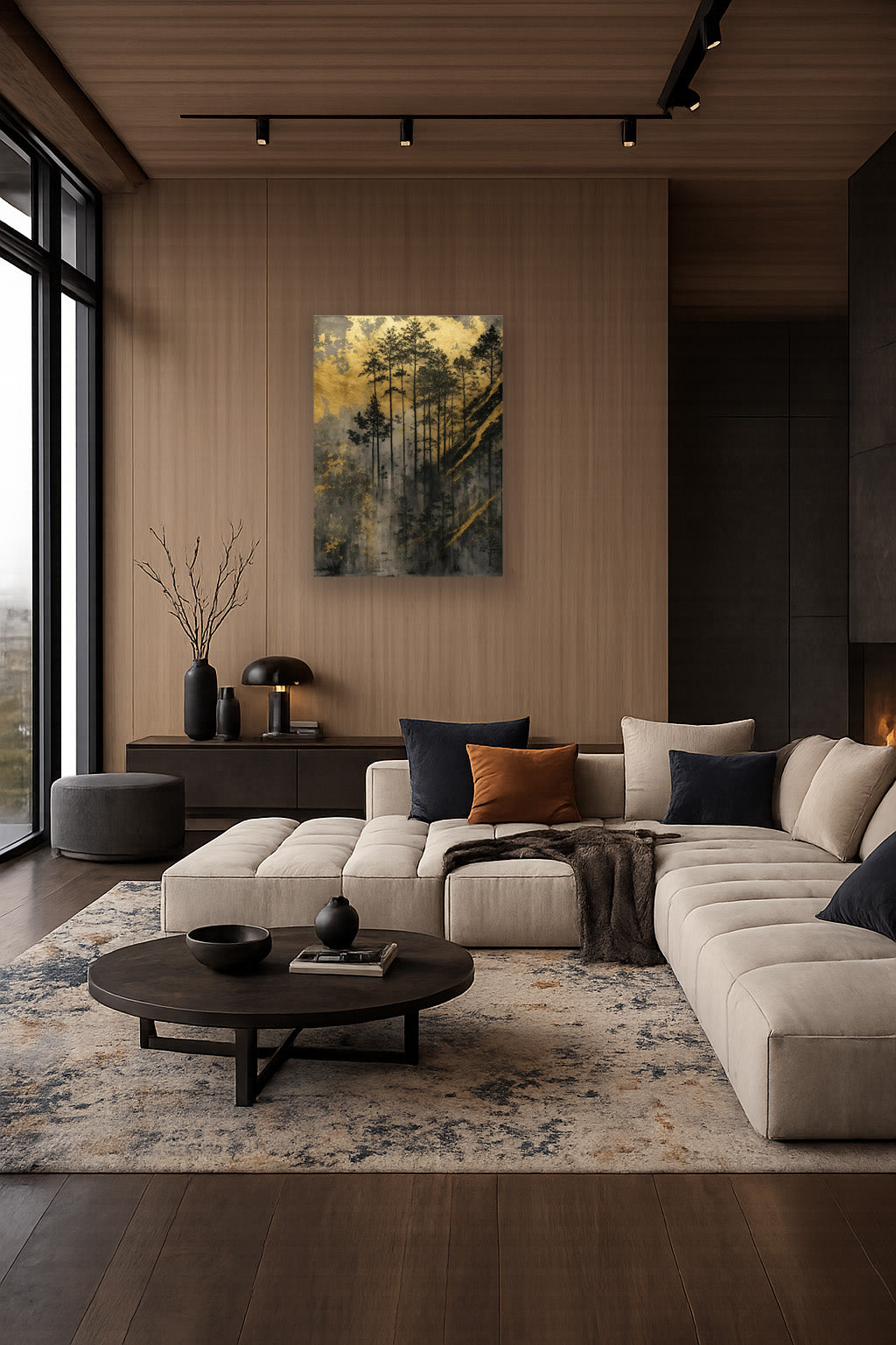 Golden Forest poster in a contemporary living room with dark accents and a large sofa
