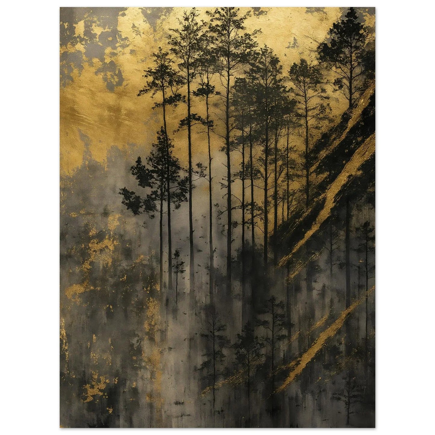 Golden Forest nature poster with fog softening the lower woodland into deep shadow