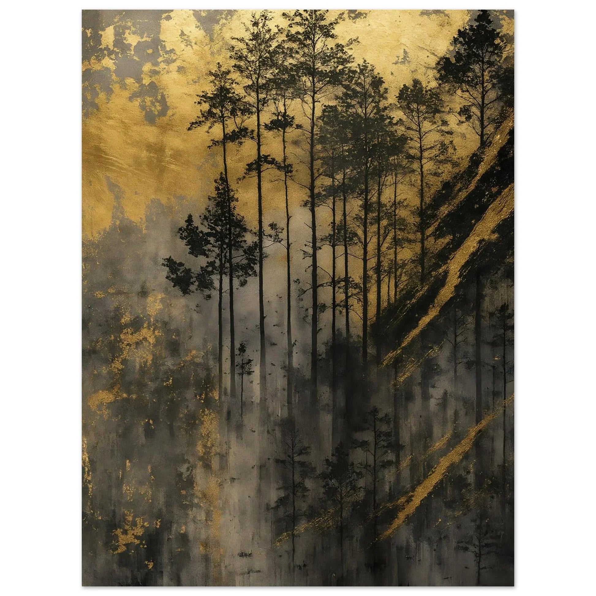 Golden Forest poster in gold, charcoal and deep earthy tones with diagonal streaks of light