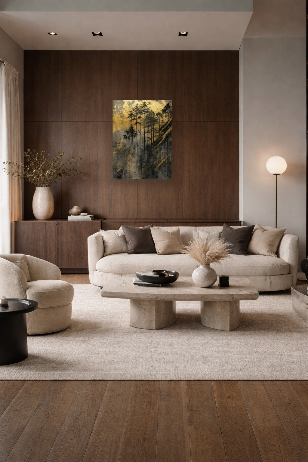 Golden Forest poster in a modern neutral living room with a beige sectional sofa and wood panel wall