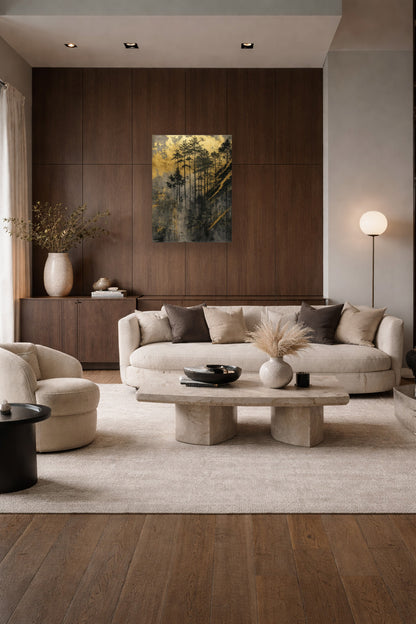 Golden Forest poster in a modern neutral living room with a beige sectional sofa and wood panel wall