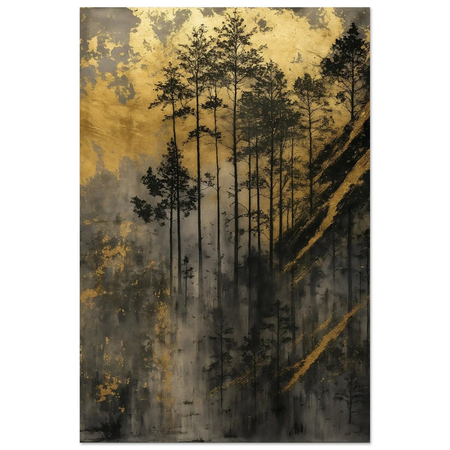 Golden Forest elegant wall art poster with tall pine silhouettes against warm gold light and grey mist