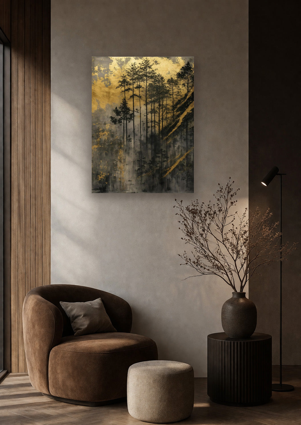 Golden Forest poster in a reading corner with a brown lounge chair and ceramic decor