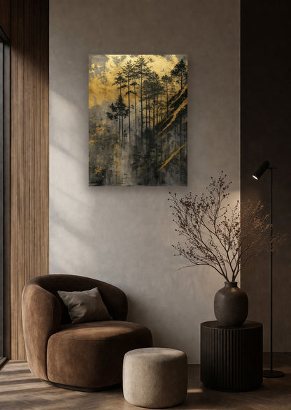 Golden Forest poster in a reading corner with a brown lounge chair and ceramic decor
