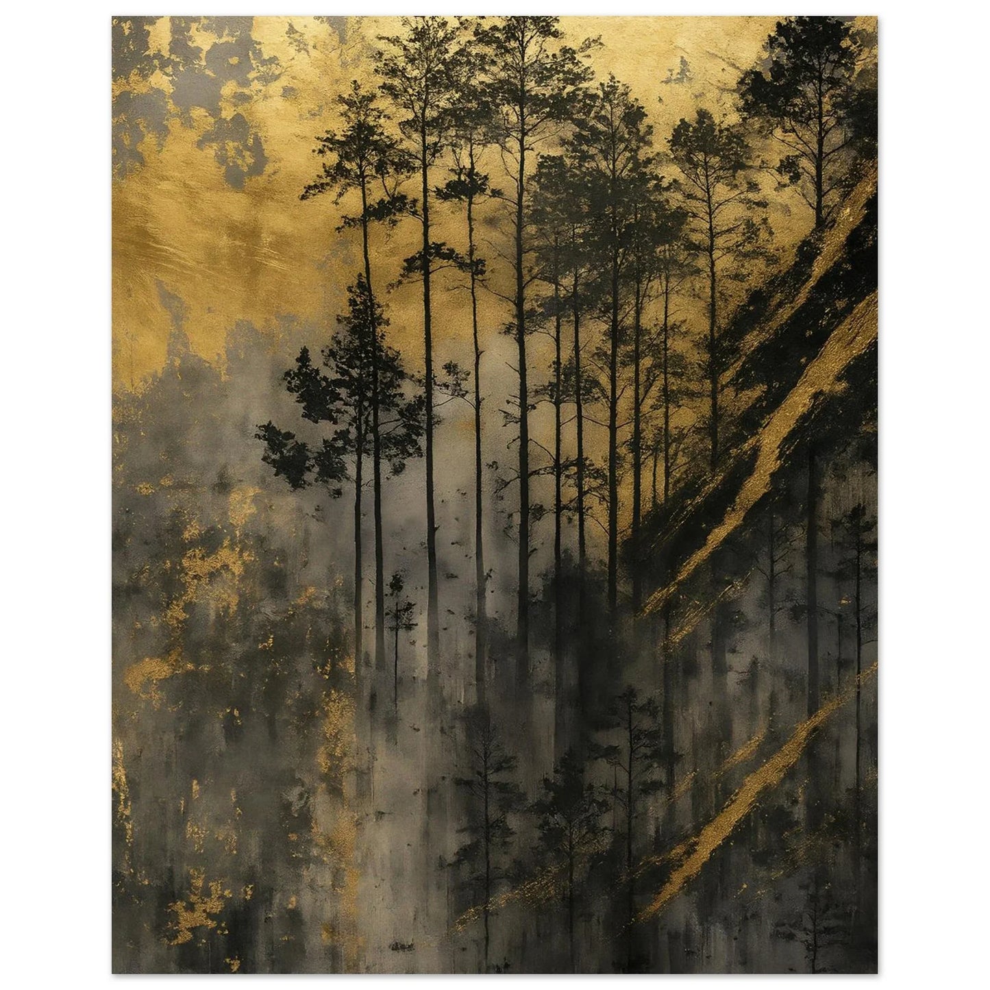 Golden Forest poster print showing slender trunks rising through the golden haze