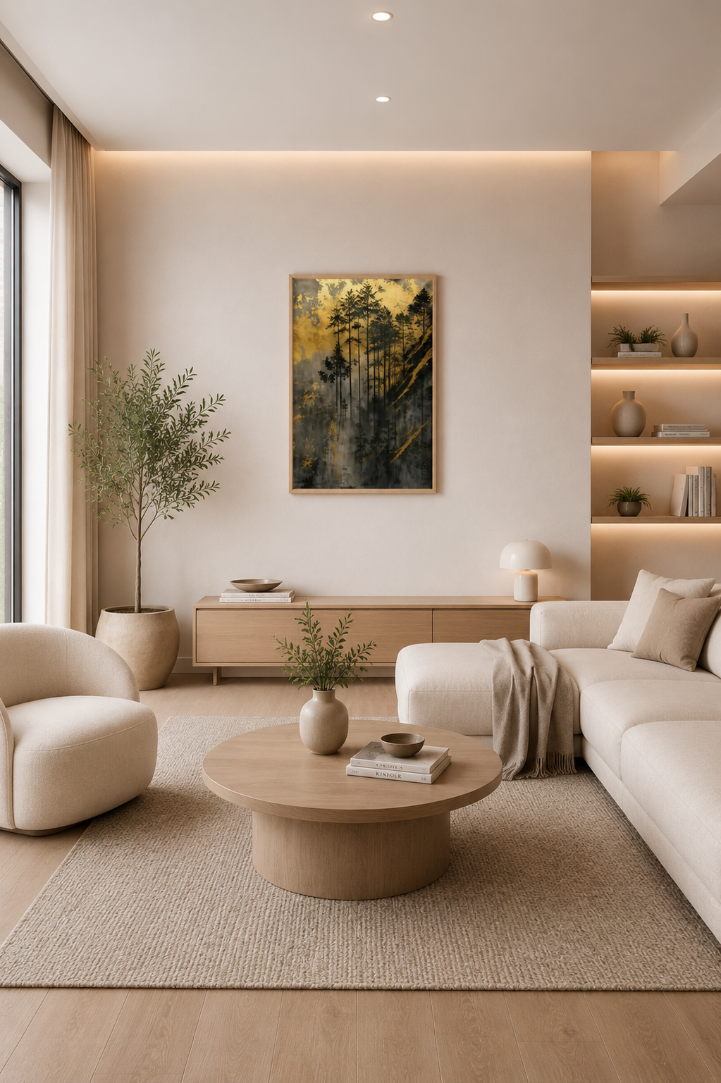 Golden Forest wall art with natural wood frame displayed in a bright contemporary living room with soft neutral decor and modern furniture