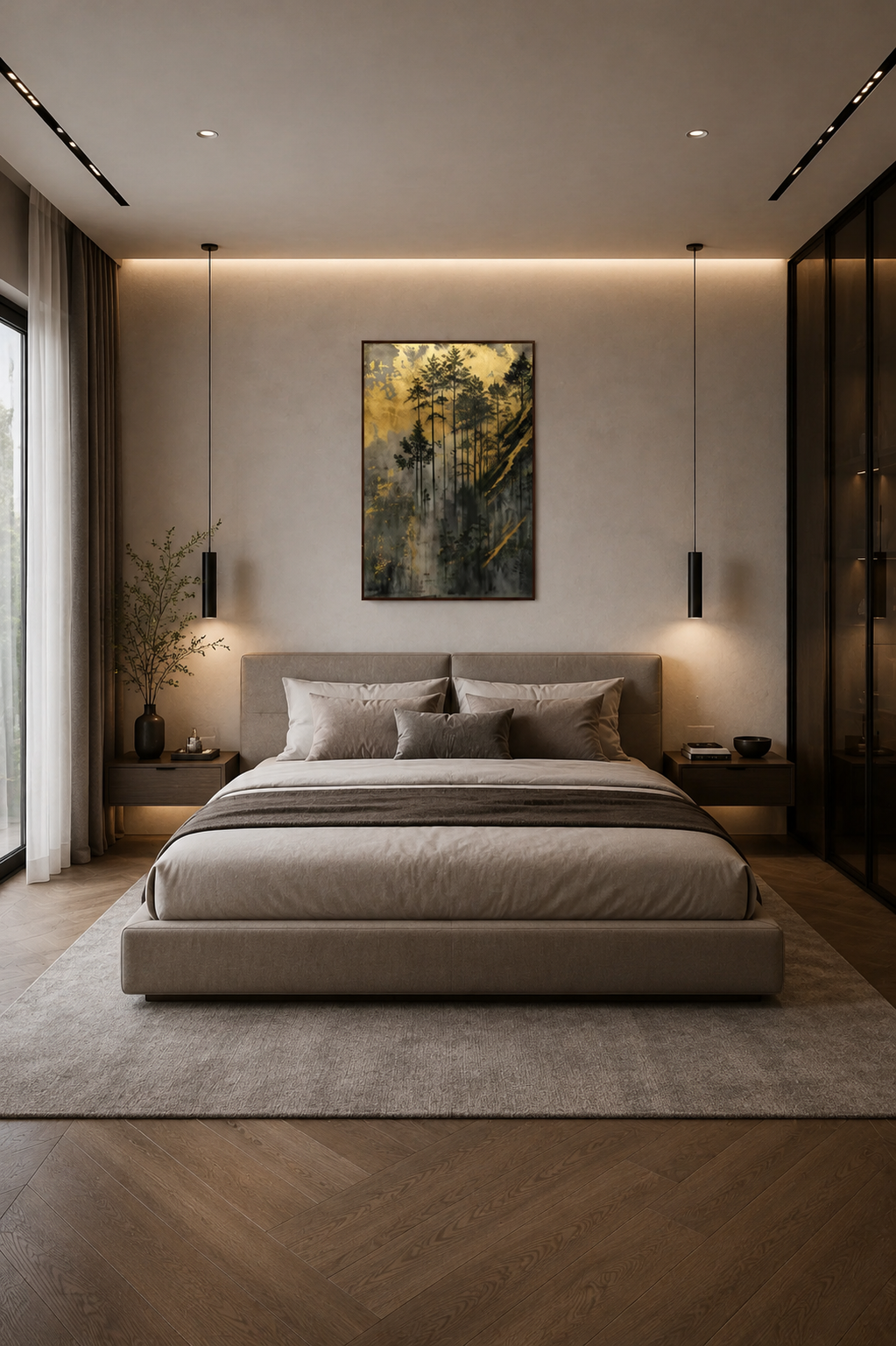 Golden Forest forest landscape wall art displayed above bed in a modern luxury bedroom interior with warm ambient lighting