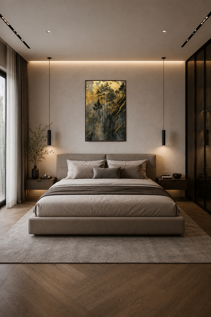 Golden Forest forest landscape wall art displayed above bed in a modern luxury bedroom interior with warm ambient lighting