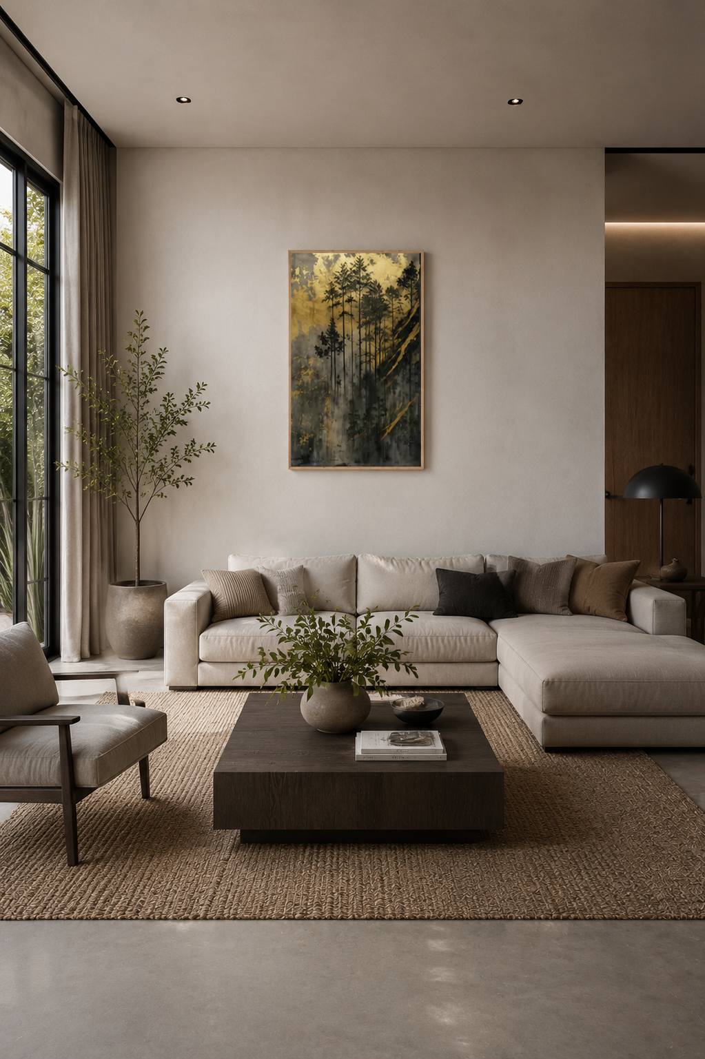 Golden Forest wall art with black frame displayed in a modern minimalist living room with neutral sofa and dark wood accents