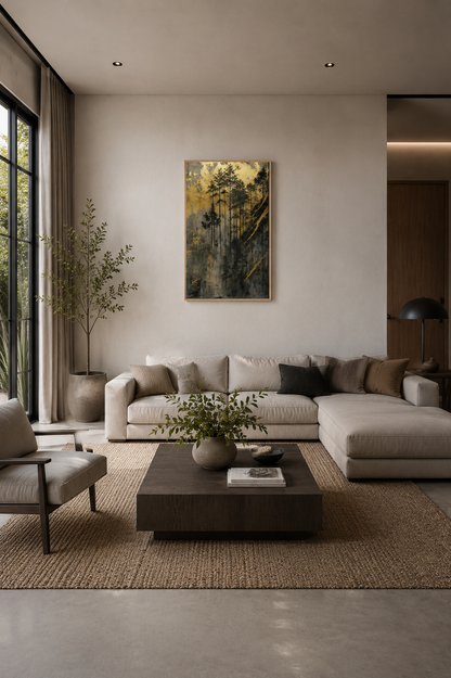 Golden Forest wall art with black frame displayed in a modern minimalist living room with neutral sofa and dark wood accents