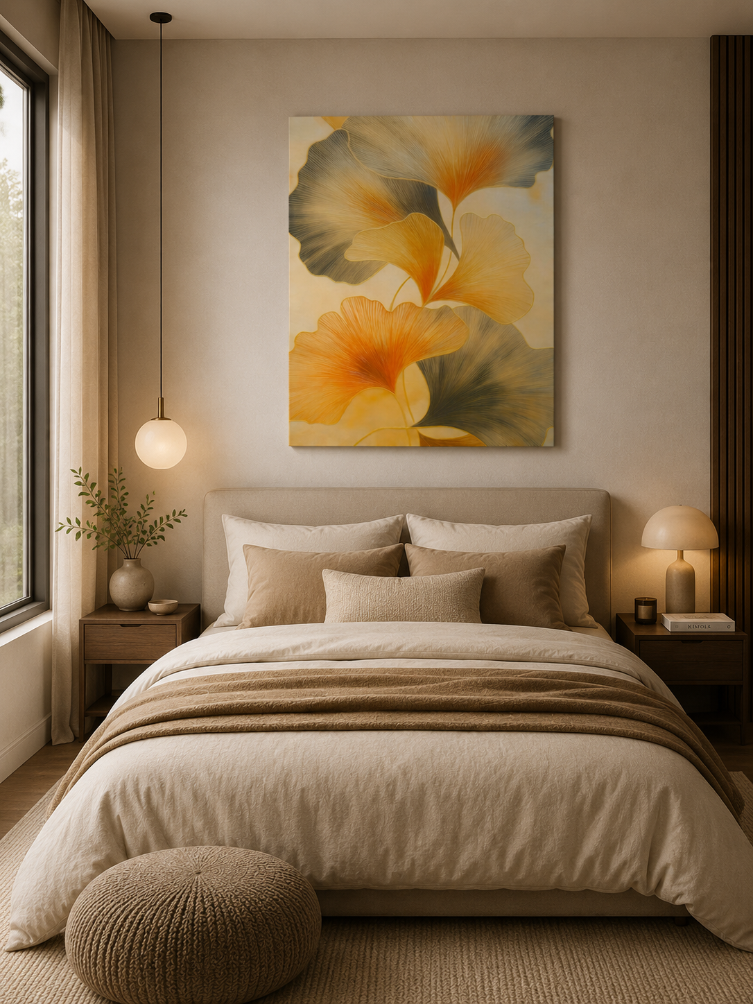 Golden botanical canvas print above a cozy modern bed with soft beige bedding and warm ambient lighting.