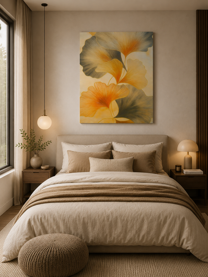 Golden botanical canvas print above a cozy modern bed with soft beige bedding and warm ambient lighting.