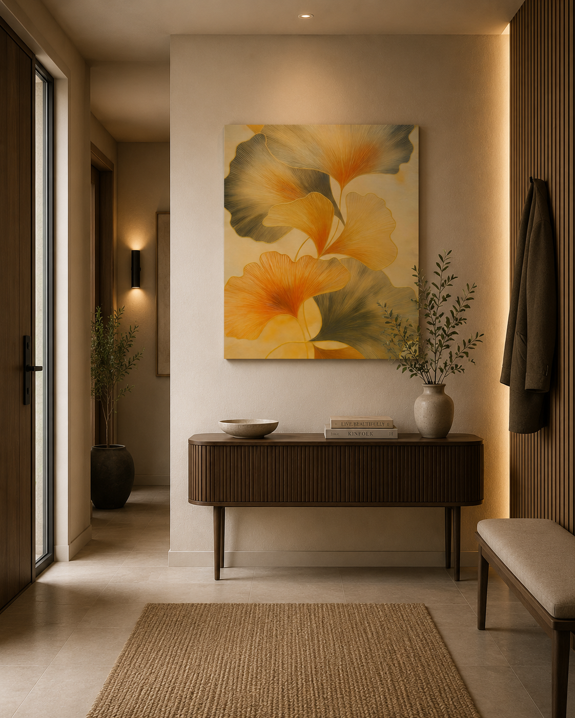 Abstract botanical canvas displayed in a stylish lounge area with curved armchair, dark wood cabinet, and minimalist decor.