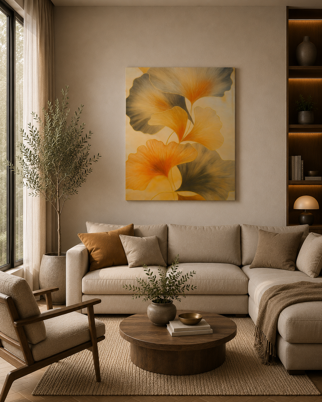 Golden ginkgo leaf canvas wall art displayed in a warm modern living room with beige sofa, wooden coffee table, and neutral decor.