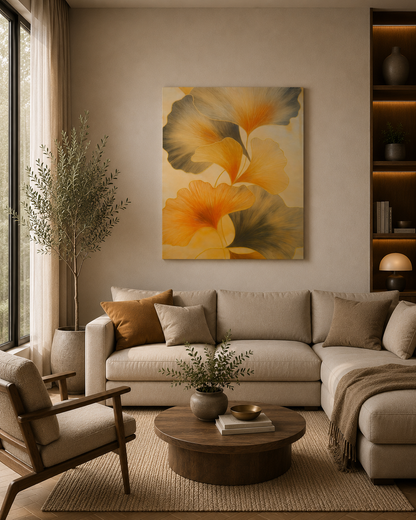 Golden ginkgo leaf canvas wall art displayed in a warm modern living room with beige sofa, wooden coffee table, and neutral decor.