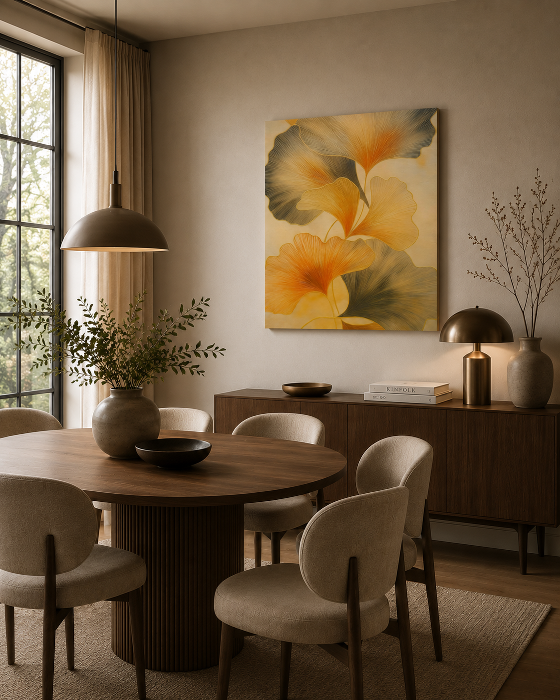 Large golden ginkgo leaf canvas wall art in a contemporary dining room with round wooden table and upholstered chairs.