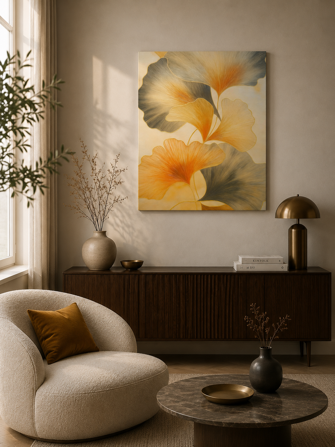 Abstract botanical canvas displayed in a stylish lounge area with curved armchair, dark wood cabinet, and minimalist decor.
