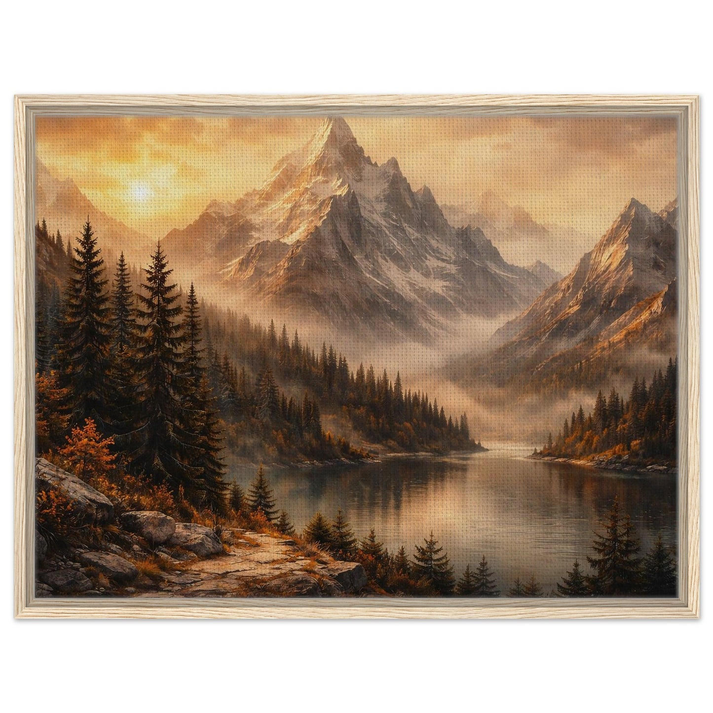 Golden mountain landscape with pine forest and calm lake under a dramatic warm sky