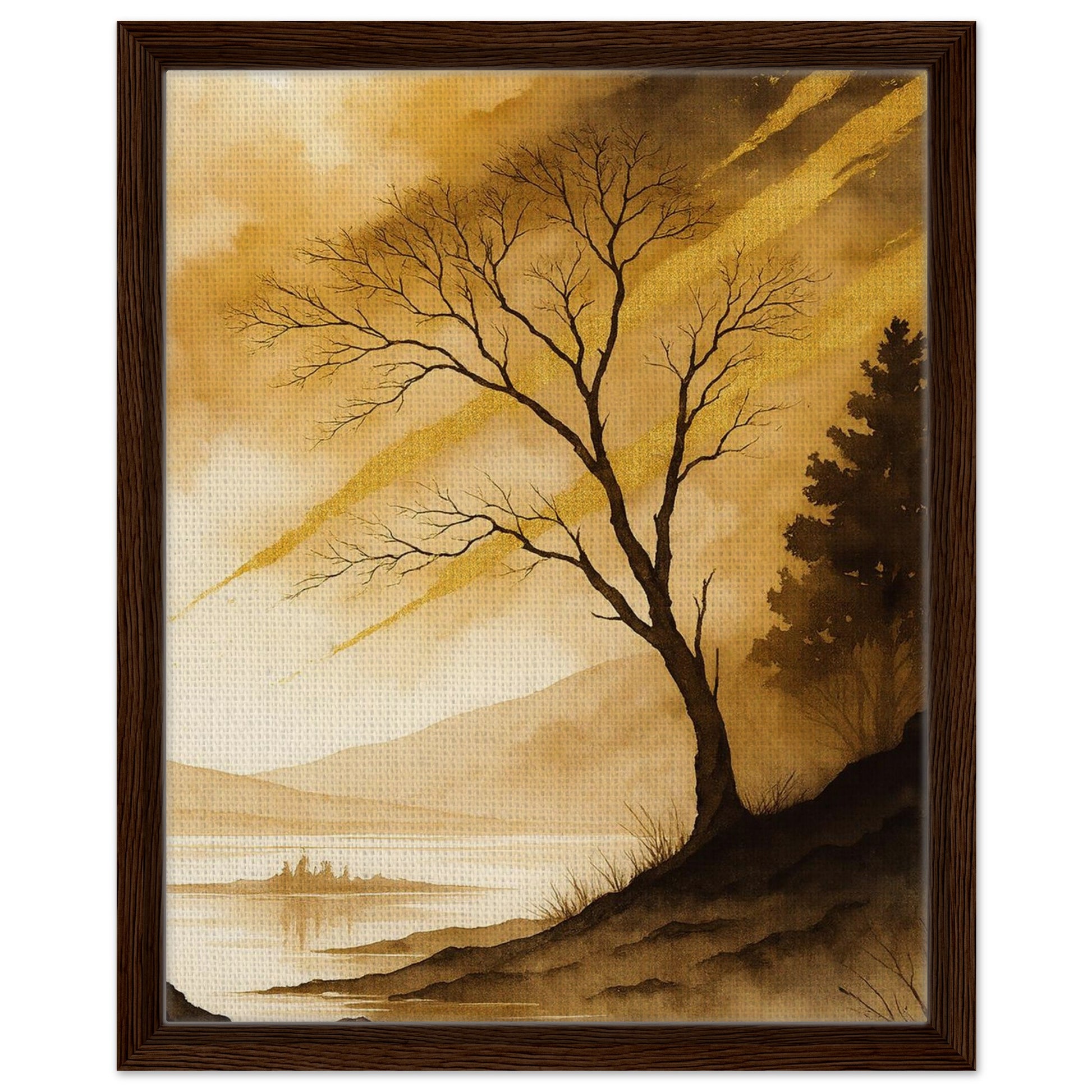 Golden mountain view artwork with solitary tree and layered scenery in dark wood frame
