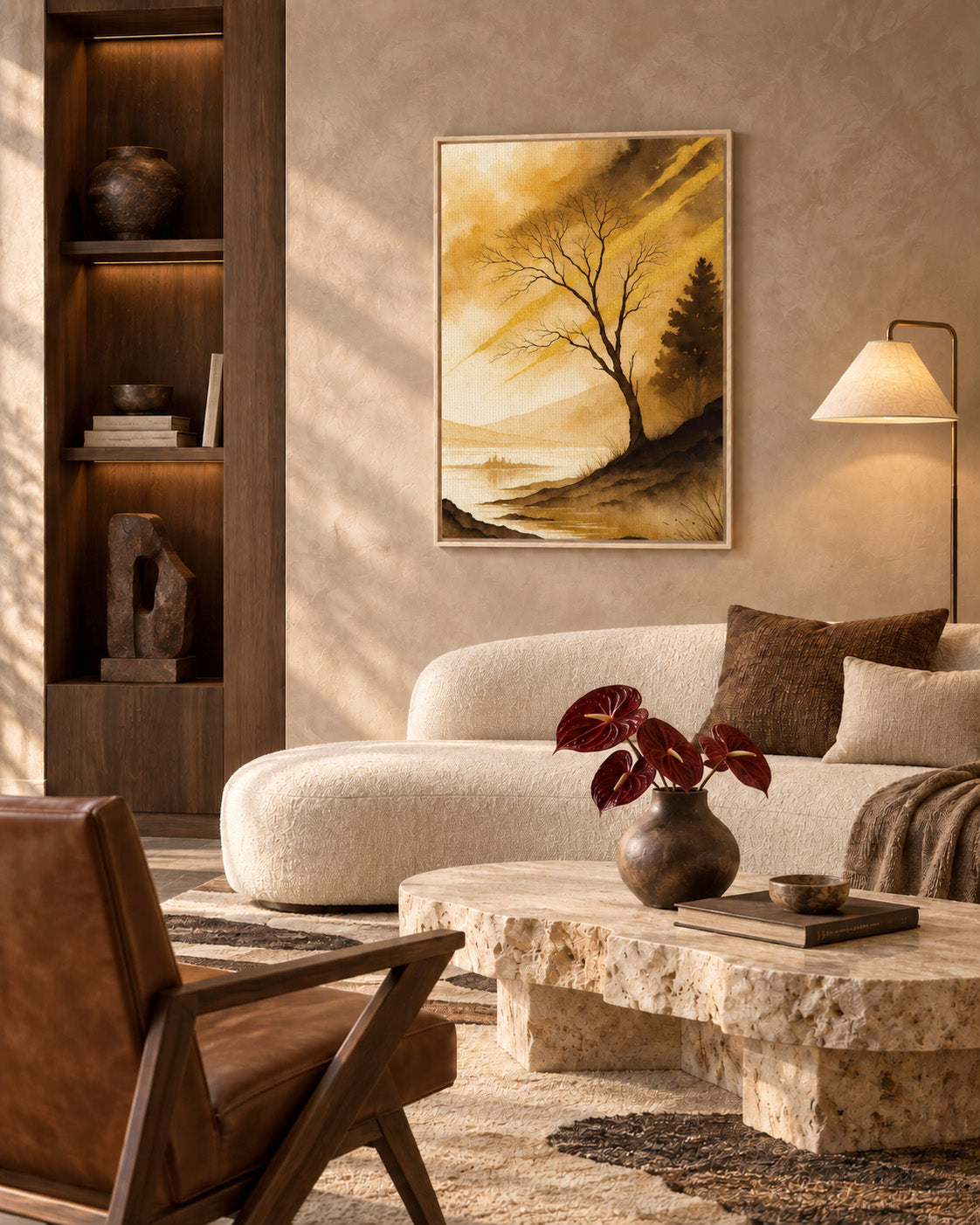 Golden nature landscape artwork displayed in a warm modern living room