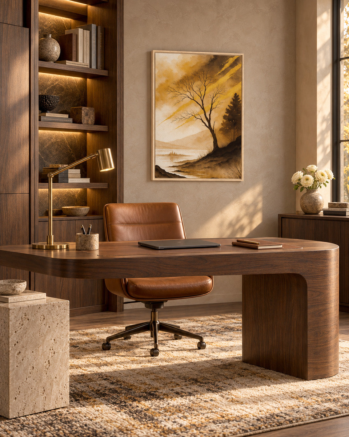 Golden tree landscape artwork displayed in a sophisticated modern home office