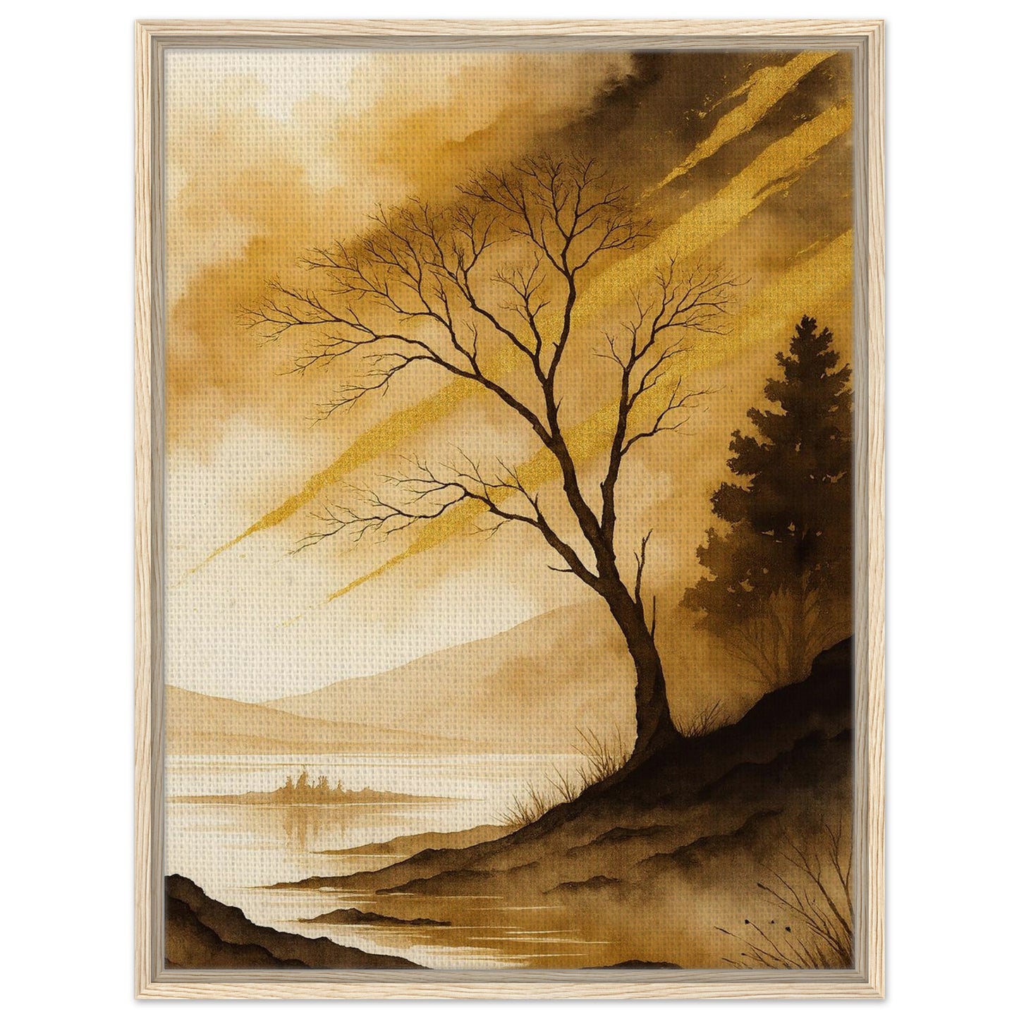 Golden landscape wall art with a lone tree overlooking layered mountains and water