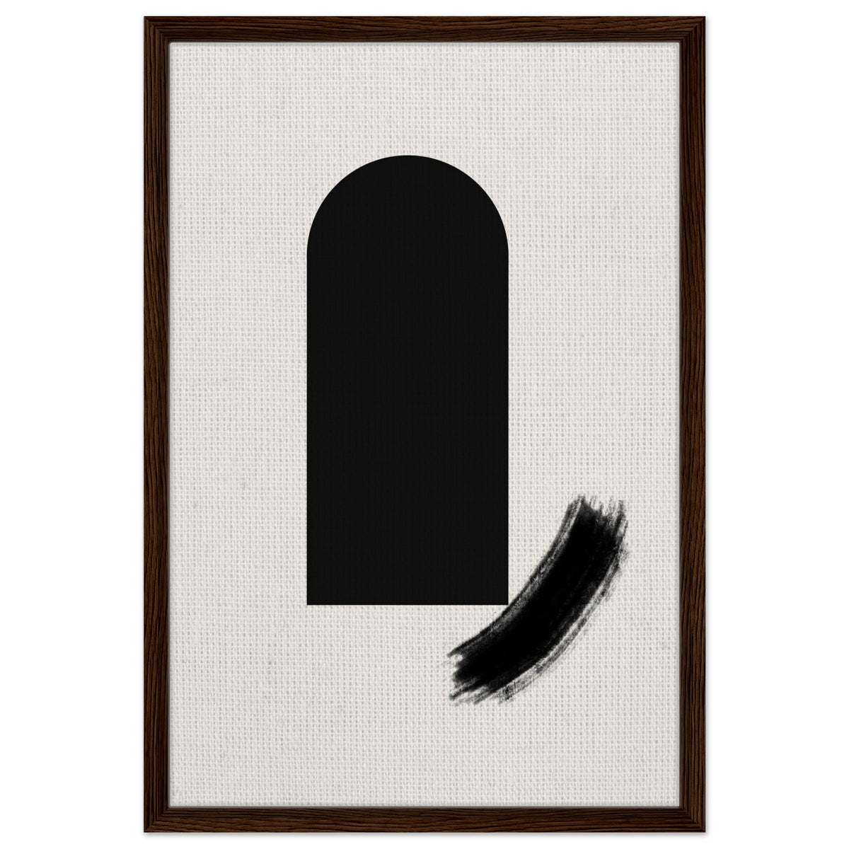 Graphic black arch wall art with bold curved brushstroke in a black frame