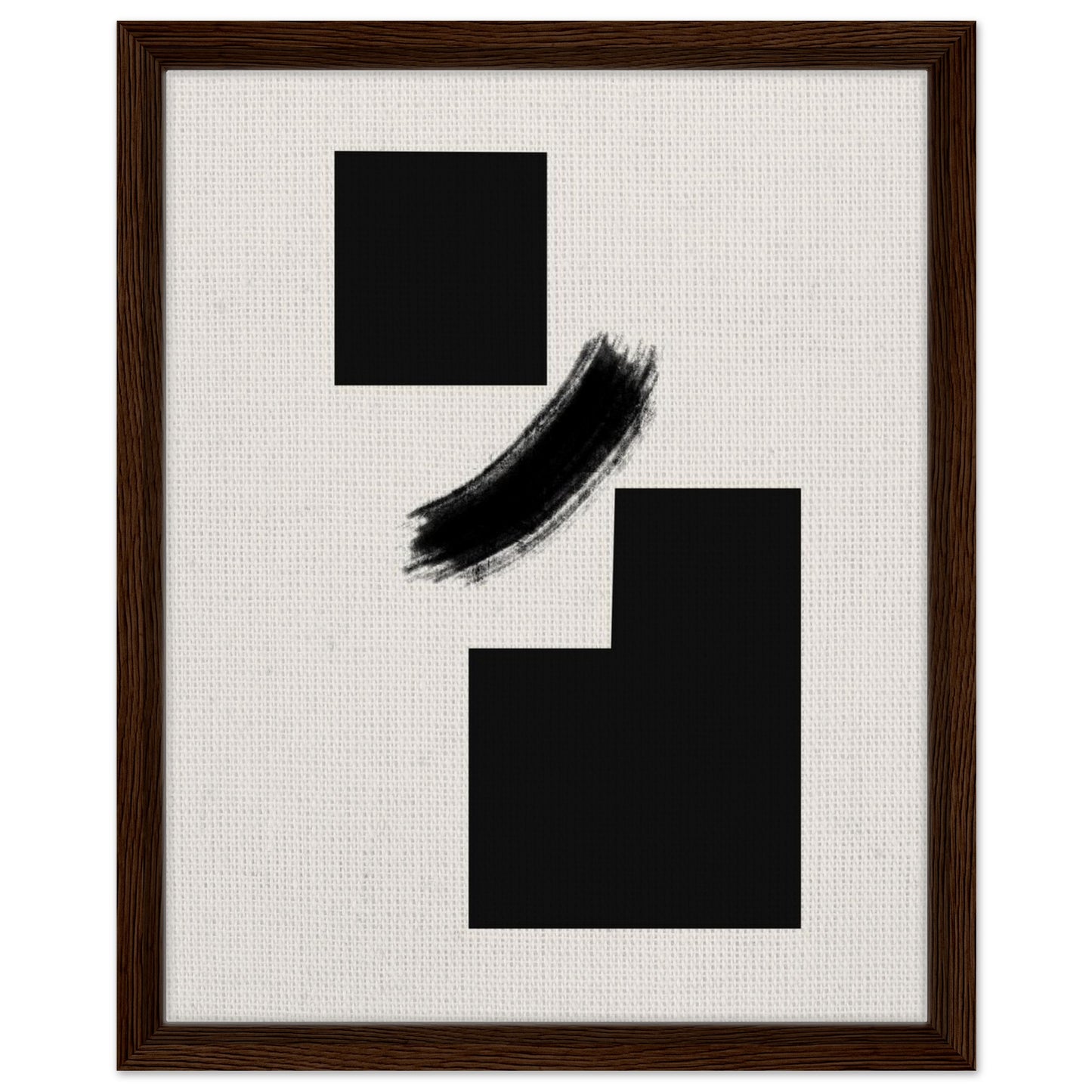 Graphic black abstract artwork with minimalist blocks in a dark wood frame