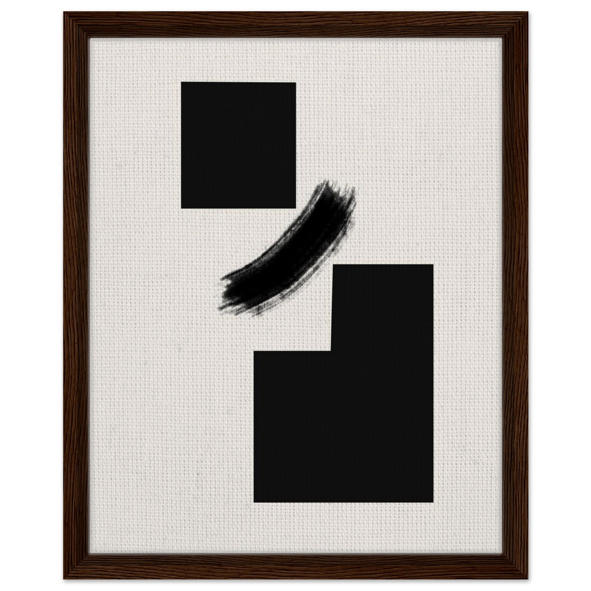 Graphic black abstract artwork with minimalist blocks in a dark wood frame