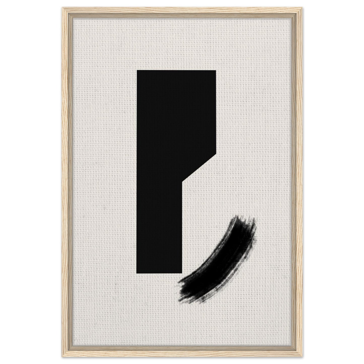 Graphic black abstract form with expressive brush detail in natural wood frame