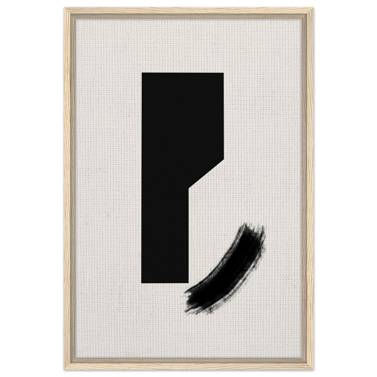 Graphic black abstract form with expressive brush detail in natural wood frame