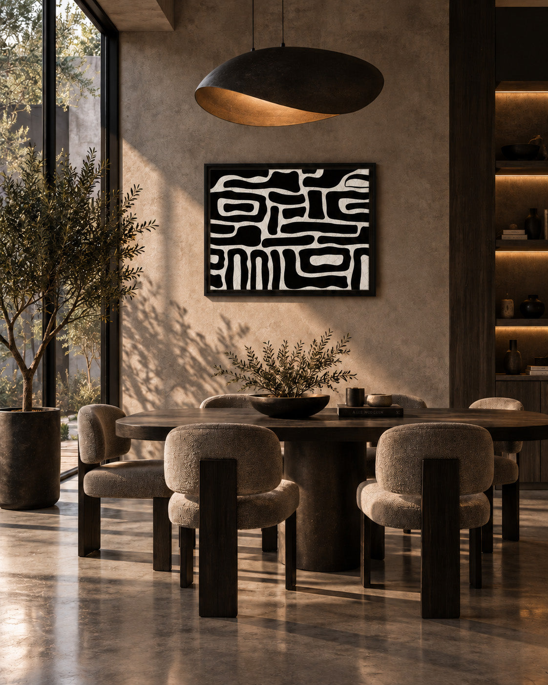 Graphic black and white wall art displayed in a warm modern dining room