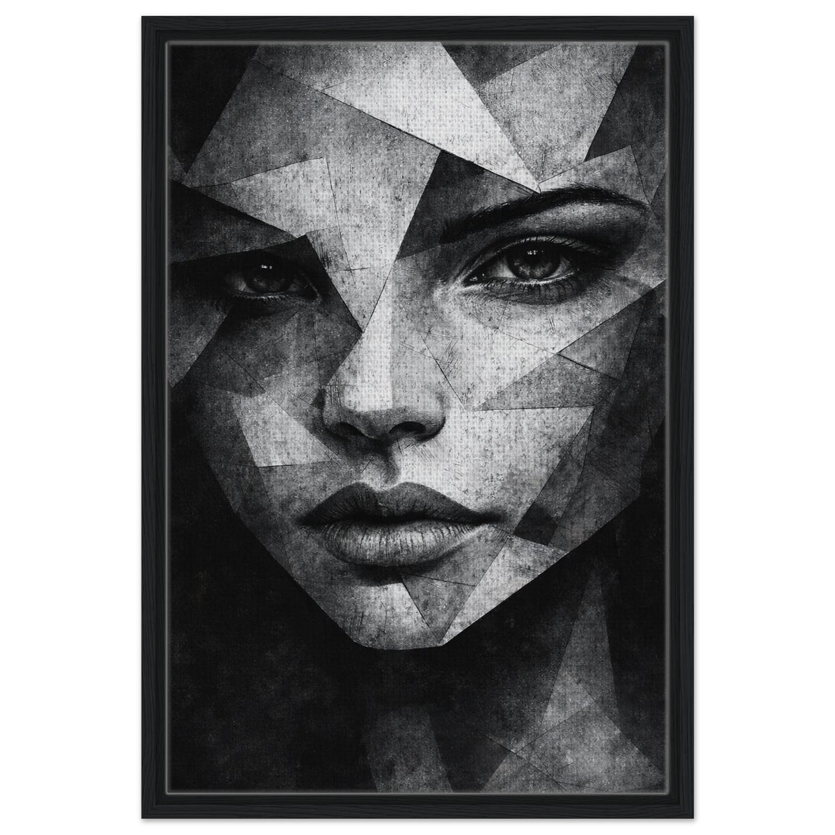Graphic woman face artwork with layered black white and grey shapes