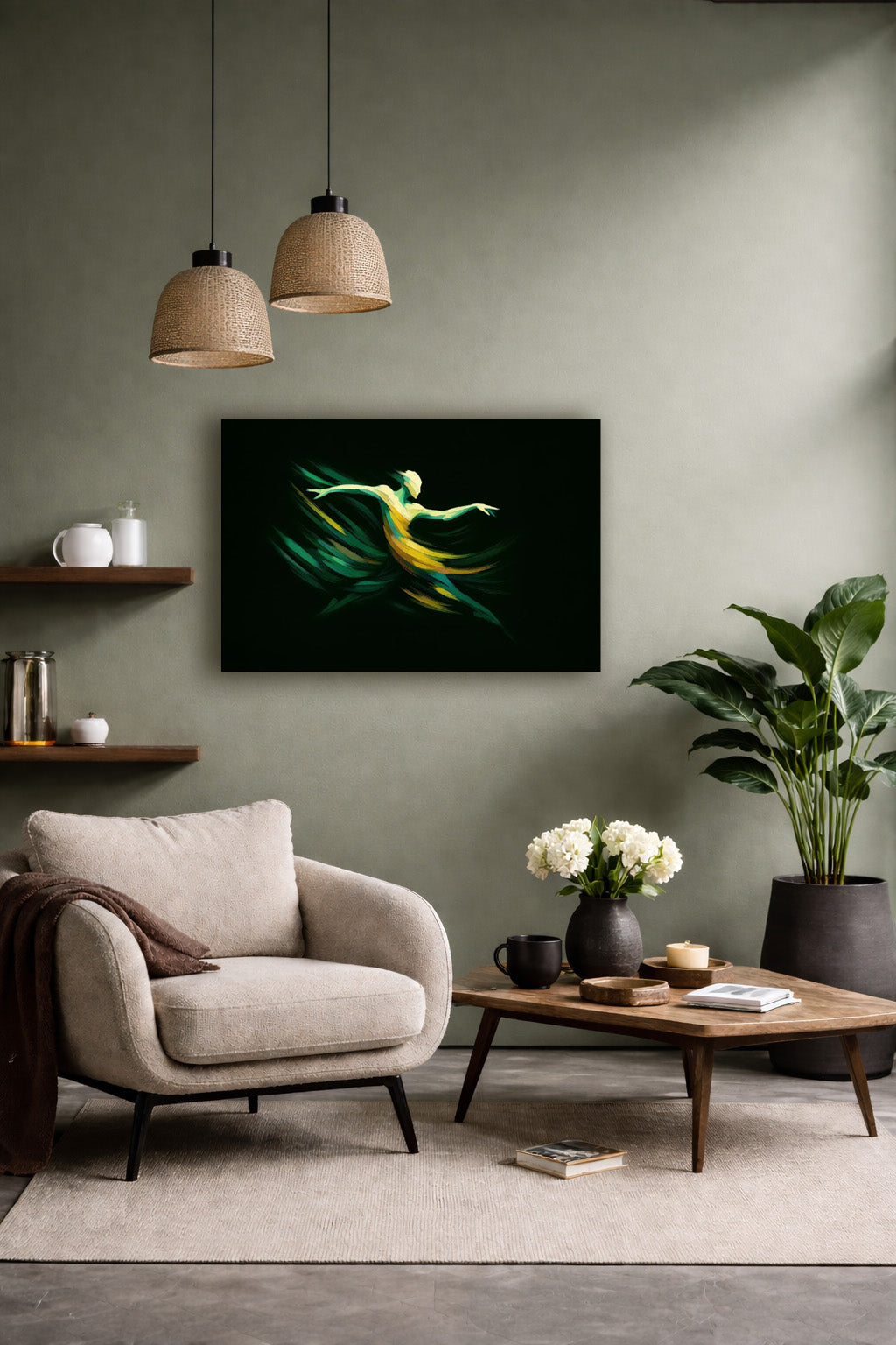 Green abstract canvas featured in a cozy lounge area with a modern armchair, pendant lights, indoor plants, and minimalist decor.