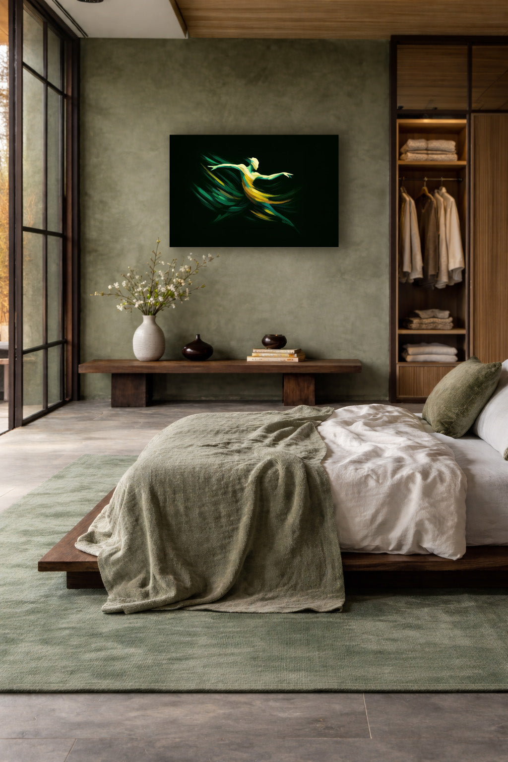 Green abstract wall art hanging above a bed in a contemporary bedroom with soft textiles, wooden accents, and calming natural tones.