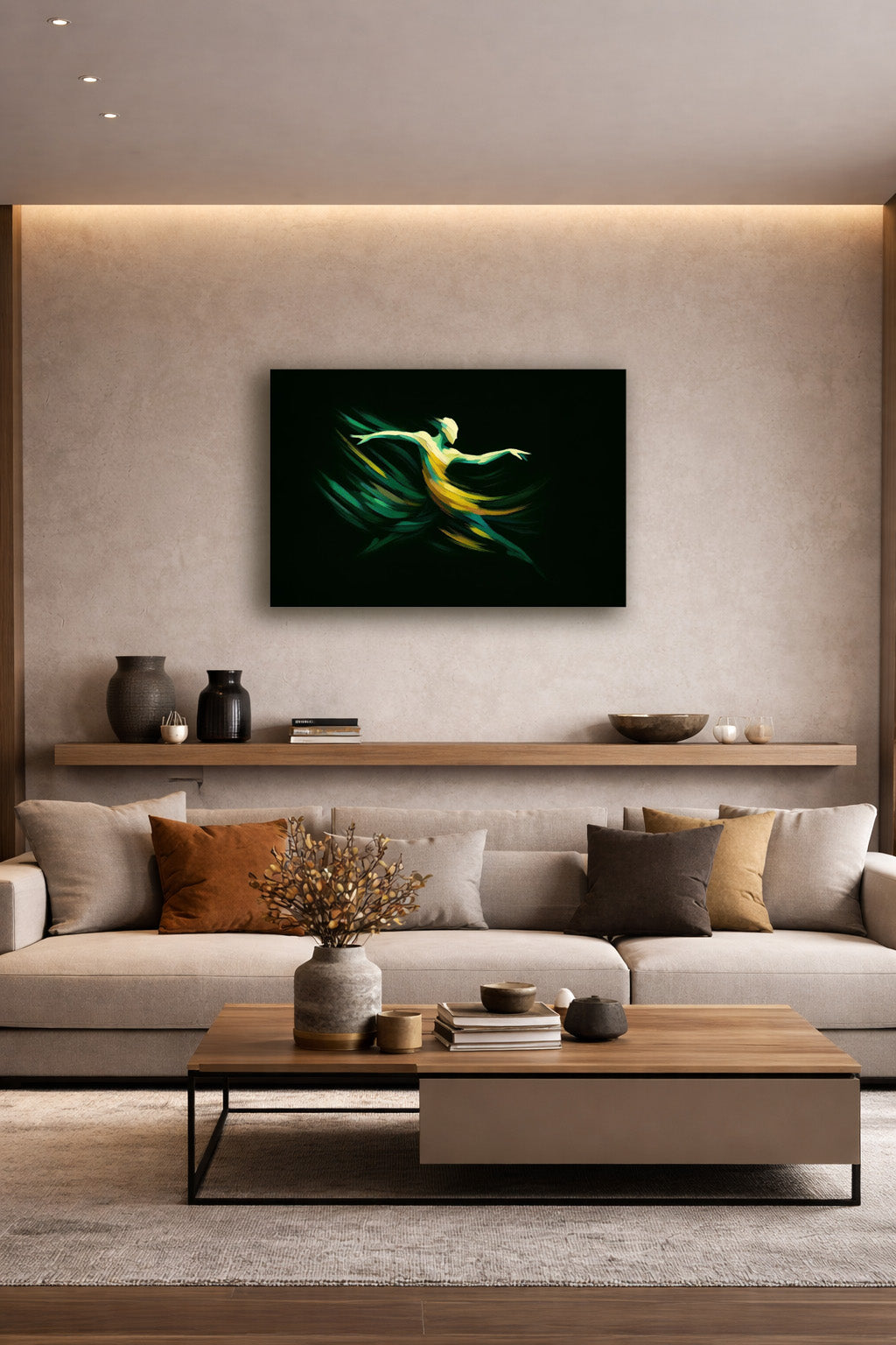 Green abstract canvas displayed above a beige sofa in a modern living room with warm lighting, neutral decor, and minimalist styling.