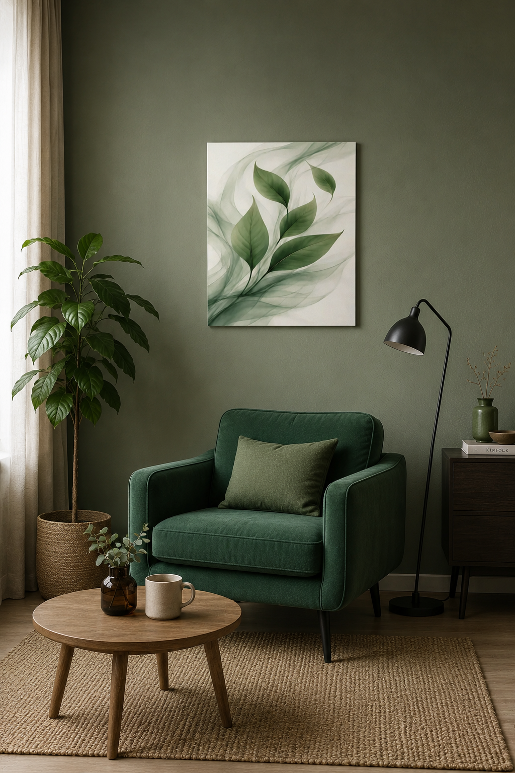 Modern green reading corner with botanical leaf canvas wall art, velvet armchair and indoor plants.