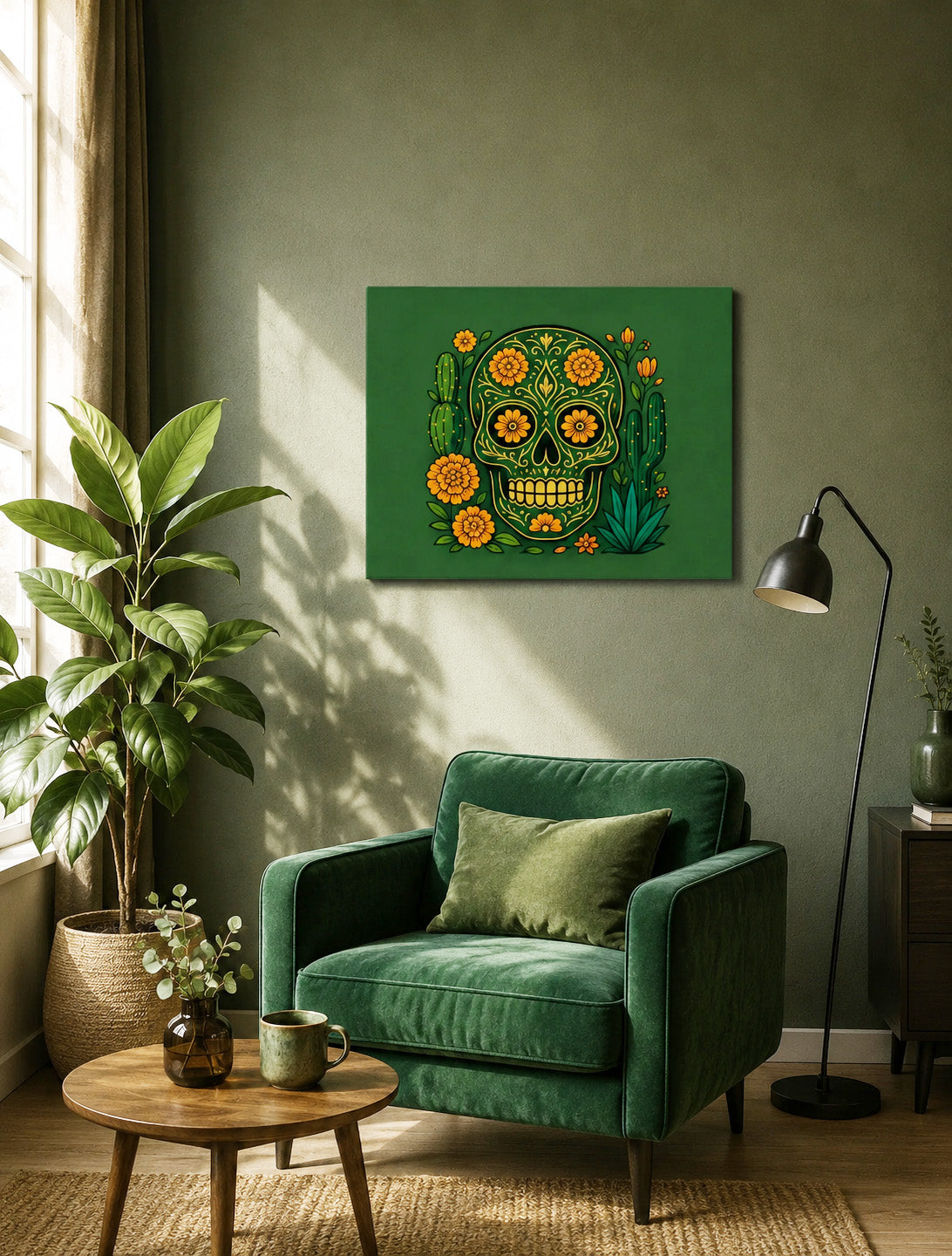 Minimal green reading corner with velvet armchair and realistic 75×60 cm Mexican floral skull canvas artwork.