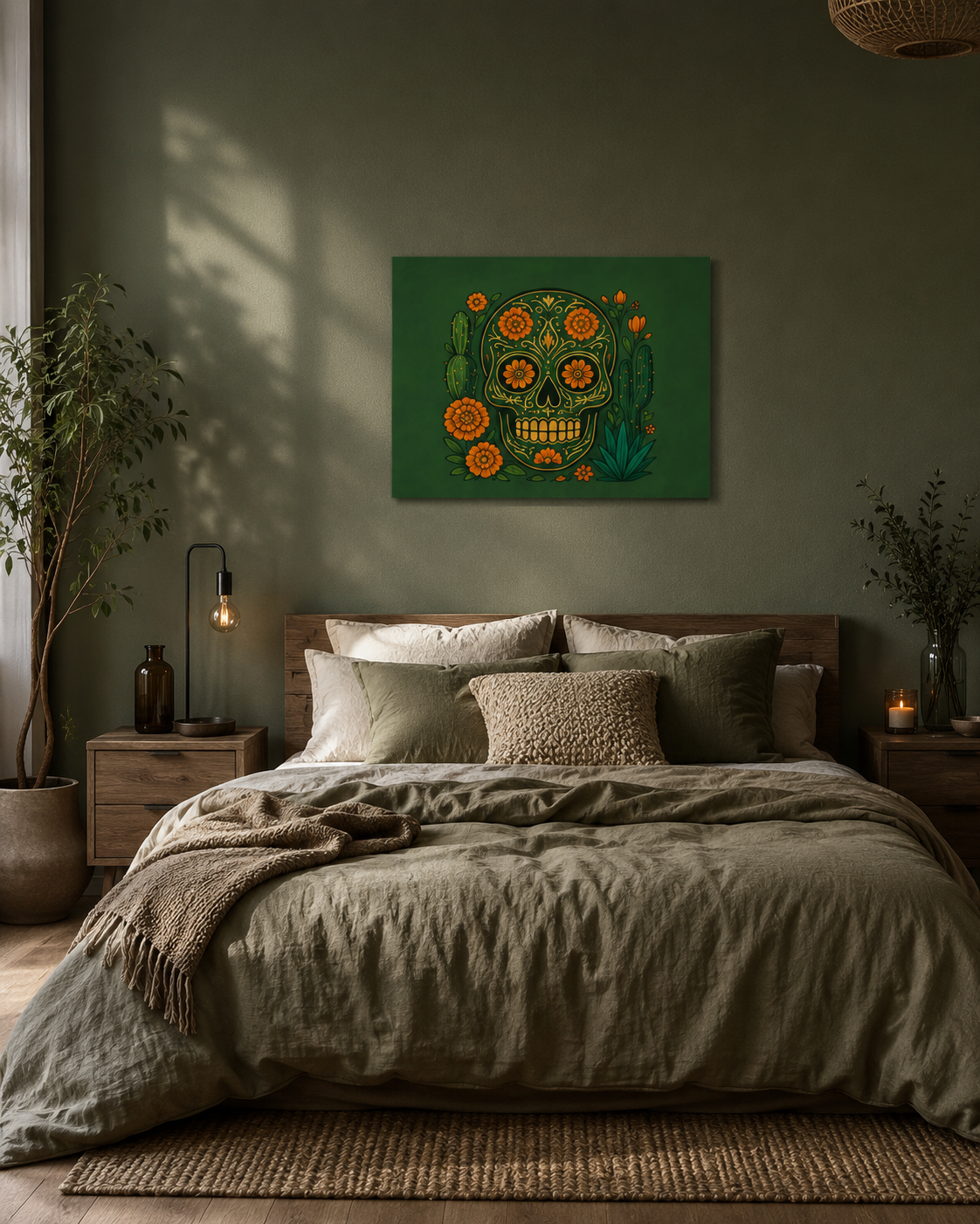 Cozy olive green bedroom with natural textures and realistic 75×60 cm Mexican sugar skull canvas above the bed.